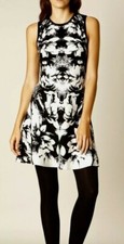 KAREN MILLEN Floral Jacquard Stretch Knit Fit Flare Dress BLACK WHITE SMALL WB2