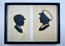 ANTIKES SILHOUETTENPORTRAIT JUNGE KIND & MATROSE GERAHMT DUO von HENRI um 1930