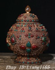 8 '' Old Tibet Silber Inlay Gem Reiseroute Sarg Tank Pot Jar Kanister Statue