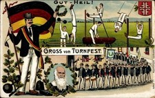 Litho Gruß vom Turnfest, Gut Heil, Turner, Festzug, Turnvater Jahn - 11441833