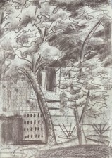 Joachim Cordsen Berlin Kreidezeichnung Bäume vor Häusern 