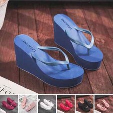 Damen Keilabsatz Plateau Flip Flops Summer High Heels Sandals Platform Slippers