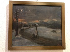 Gemälde alt Maria Wegkreuz Ölgemälde antik Alpen Winter Signatur HD unleserlich