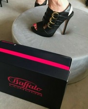 Buffalo Pumps 37 Sandaletten Sky heels Schnalle Sehr Hoch Peeptoes Schwarz Leder