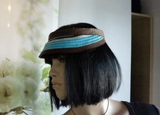 Schirm-Mütze aus Stroh, türkis-braun-weiß, Klettverschluss