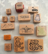 Stempel-Set 14-tlg Holz Motivstempel Viel Glück, Teddy, Huhn Küken, Katze, Auto