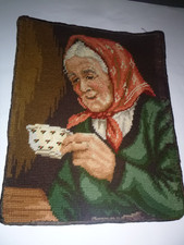  Hexe DORFHEXE mit Porzellantasse  alt Vintage Gobelin Bild Stickbild Großmutter