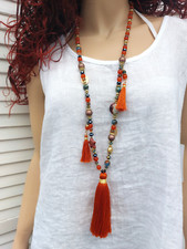 Lange Boho Hippie Ibiza Kette Perlen Quasten Herbst Winter rost  NEU