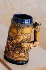 Jagd Bierkrug, Bierseidel, GERZ, Vintage, Keramik mit Fuchs-Henkel, Sammlerstück