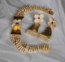 Gablonzer Strass Schmuck-Set Armband und Ohrclips, Goldfarben, Vintage