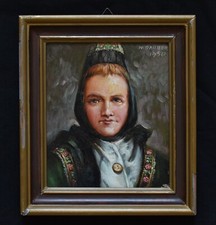 Altes Ölgemälde auf Platte Mädchen Frau in Tracht Nikolaus Dauber Marburg 1950