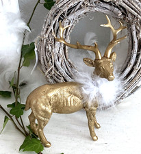 Figur Hirsch Gold mit Federkragen,  Tischdeko Herbst Weihnachten, H: 16 cm,