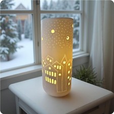 Tischlampe Stadt mit Sternen Porzellan weiß Lampe Laterne 12x12x28cm 25Watt