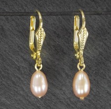 Ohrringe mit Brisuren, Süßwasserperlen Apricot Massiv 585 Gelbgold, 14 Karat (05