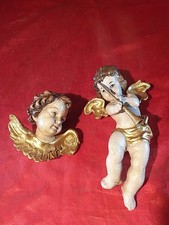 2 Alte Geschnitzte Wand Skulpturen Musizi Putto Engel Holz Farblich Gefasst 5780