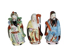 3 Vintage Fu Lu Shou handbemalte Keramik Chinesiche Gottheitsfiguren