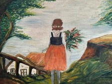 ANTIKES ÖLGEMÄLDE VON 1929 MÄDCHEN VOR HÄUSERN MONOGRAMMIST