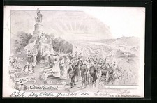 Künstler-AK Niederwald, Nationaldenkmal mit jubelnder Menge 1904 