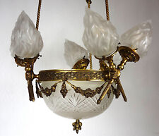 XXAntik Jugendstil Französische Messing Fakelglas Kronleuchter, Lüster 8 Flammig