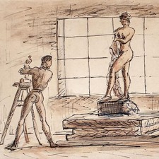 Im Atelier Bildhauer und Model