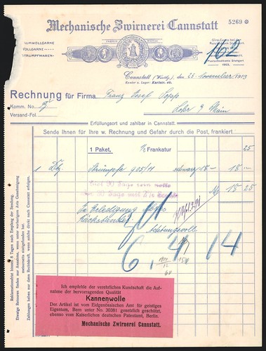 Rechnung cannstatt 1913 - rechnung,