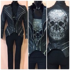 DAMEN BIKERJACKE LEDEROPTIK ÜBERGANG LEDERJACKE BIKER STYLE TOTENKOPF SKULL NEU