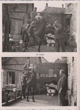2x Wehrmacht Soldat mit Kleinkind auf Pferd neben Wäscheleine - WK2 Foto 9x6cm
