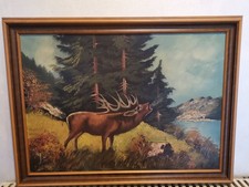 altes Ölbild Leinwand röhrender Hirsch Wald Fluss Berge von Förster signiert