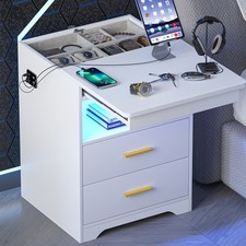LED Nachttisch mit Versteckte Schublade,Weiß