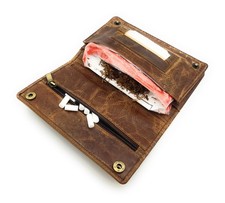 echt Leder Tabakbeutel Tabaktasche Tabak Etui Beutel mit Blättchen Fach braun