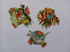 3 Oblaten-Glanzbilder, Thema Vögel, leichte Prägung, mit Glitzer