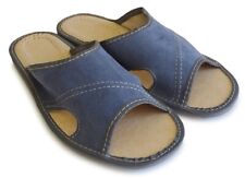 Herren Hausschuhe Natur Leder Pantoffeln Latschen Schlappen Blau, Gr. 40 - 46
