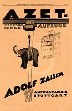 Zaiser Aufzüge Stuttgart Reklame von 1928 Elefant Lastenaufzug Lift Werbung