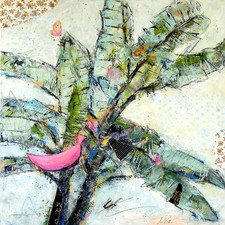 LIZA LANDBERG "THE BUTTERFLY AND THE PINK BANANA" ORIGINAL MIXED MEDIA GEMÄLDE