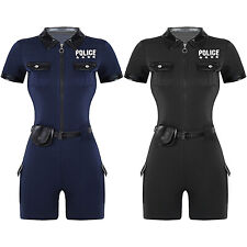 DE Damen Polizei Kostüm Kurzarm Hemd Ledergürtel Kurz Jumpsuit Overall Outfits