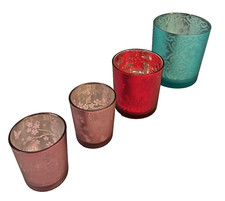 Windlicht Set Glas 4-teilig türkis, rot, 2x lila, D8/7/5,5cm H 10/8/6,5cm