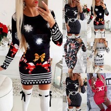 Weihnachtskleid Damen Pulloverkleid Minikleid Partykleid Wickelkleid Festkleid