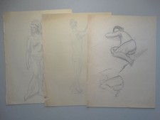 Weibliche Akte Körperstudien Frau stehend liegend - 3 Zeichnungen Bleistift 1954