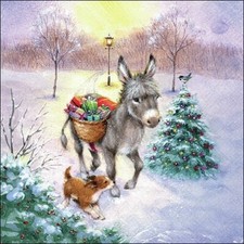 3 Servietten ~ Esel im Schnee mit Geschenken Weihnachten Wald
