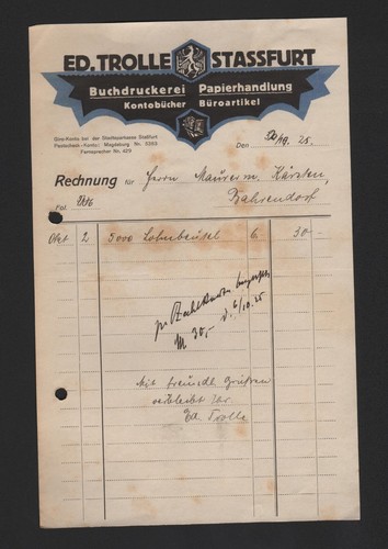Stassfurt rechnung 1925 ed - stassfurt,, 1925,
