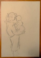 HEINRICH ZILLE ZEICHNUNG SKIZZE STUDIE UM 1900 BERLIN FRAU MIT KIND