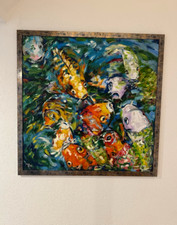 Farbenfrohes Gemälde 85x85 Fischen Teich Koi Karpfen Kunst Bild