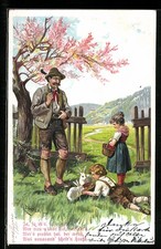 Künstler-AK E. Döcker: Vater mit den Kindern und zwei weißen Hasen 1904 