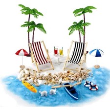 Holz-Miniatur Deko-Set: Strandkorb, Palmen & Süßwasserszenen für Zengärten