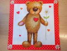 Wunderschöne Servietten - 5 Stück - Teddy - Bär im Frühling mit Blume in Hand