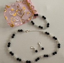Choker Kette, Ohrringen, Armband- Obsidian und Mondstein 