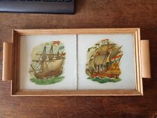 Haushalt -Antik - Holztablett mit  2 Glasbildern (?) / Griffen-35 cm x 17 cm