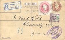 GB 1908 QV 3 D Rosenausschnitt aus Einschreiben zusammen mit EVII Marken cvr