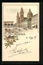 Vorläufer-Lithographie München, 1894, Theatinerkirche mit Pferdekutschen 1894 
