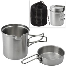 Outdoor Kochgeschirr Edelstahl Topf + Pfanne im Packsack Camping Trekking Set 1L